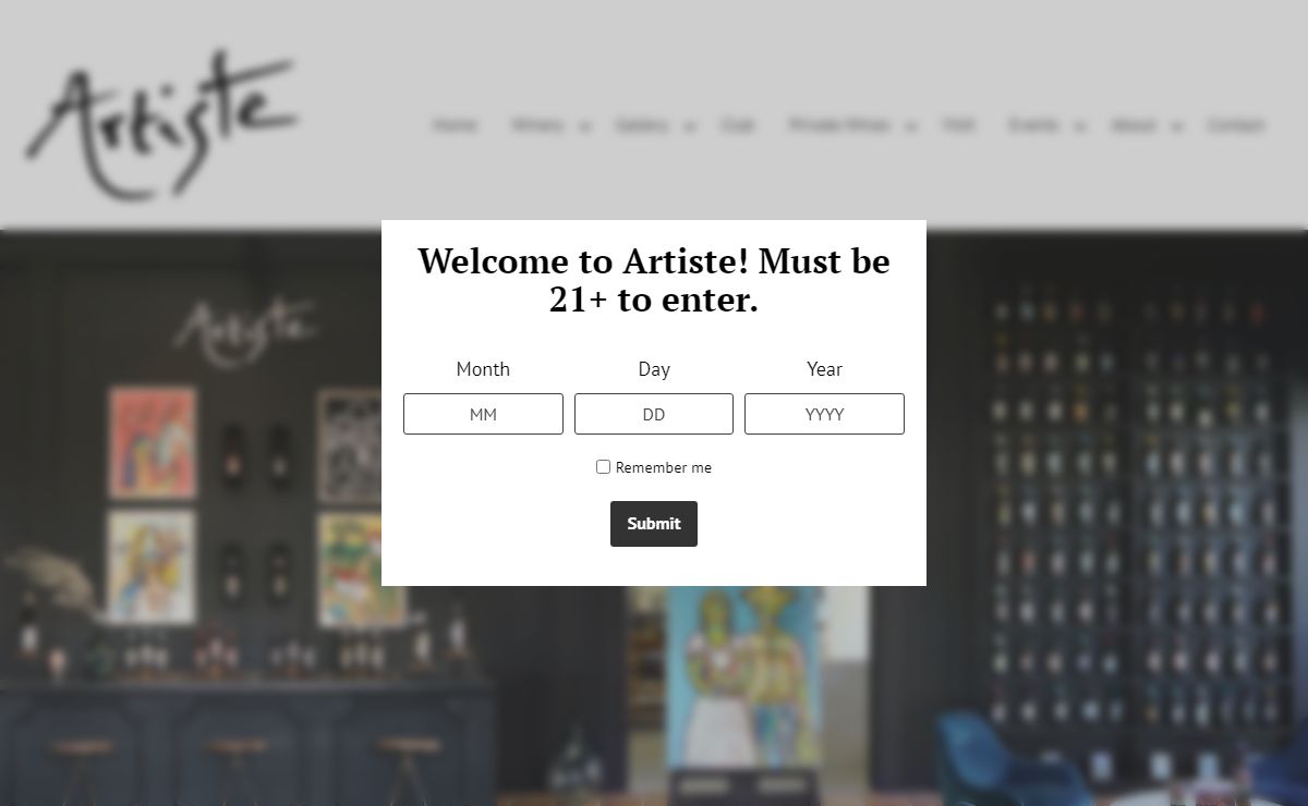 Age Verification - Artiste Winery & Gallery