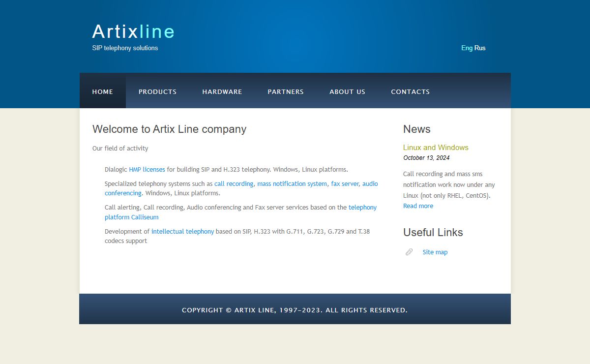 Artix Line - SIP telephony solutions. Voice Fax SMS Email notification system. Audio conferencing bridge. Fax Server. Dialogic, Aculab, Pika boards. HMP licenses.