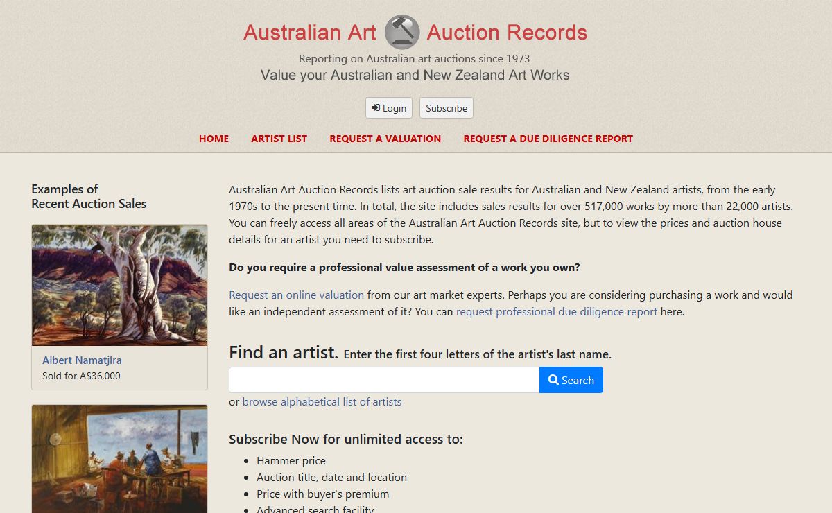 Australian Art Auction Records, including New Zealand. Established 1973.