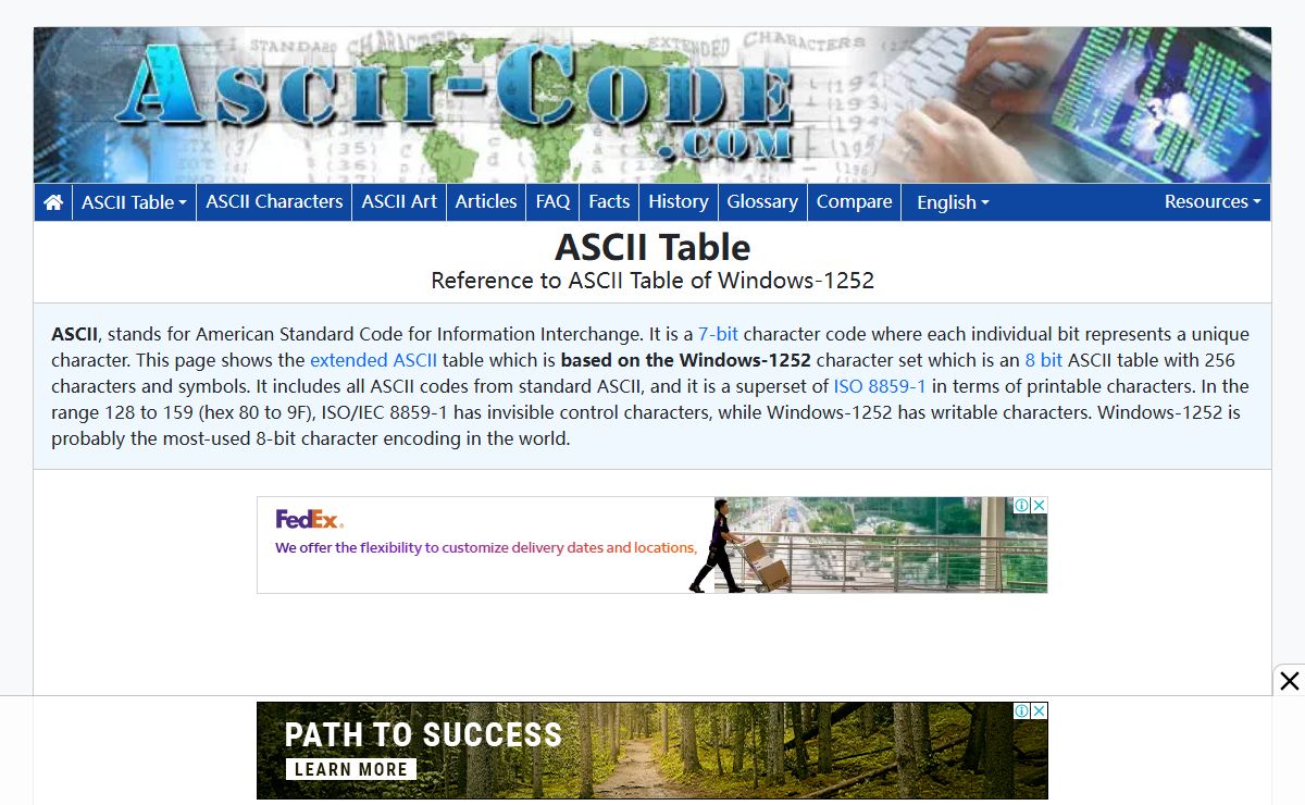 ASCII table - Table of ASCII codes, characters and symbols