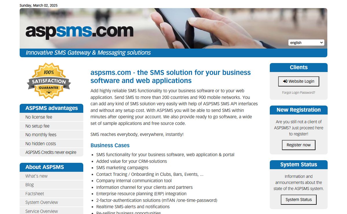 aspsms.com - SMS APIs for Business SMS broadcast. SMS Gateway: JSON, REST, SOAP, HTTP, HTTPS, SMTP, Email2SMS, ActiveX, XML, Text SMS, 2FA, mTAN, OTP