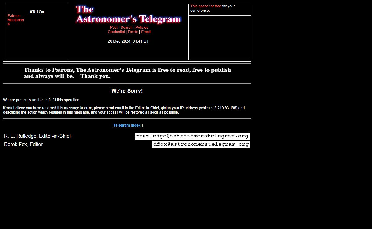 The Astronomer's Telegram: We're Sorry!