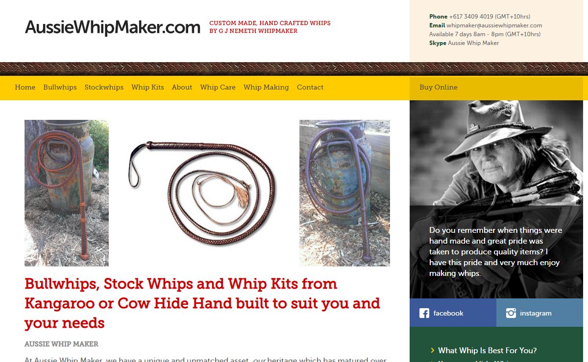 Bullwhips, Stock Whips, Kangaroo Hide Whips, Red Hide Whips from Aussie Whip Maker