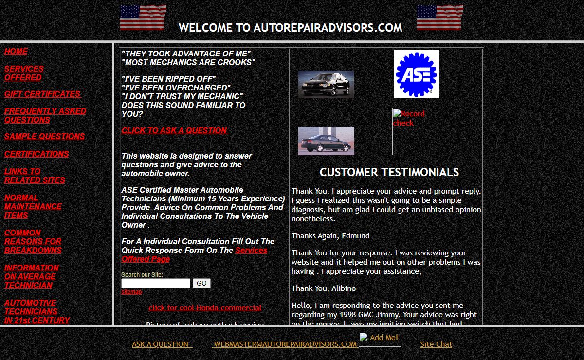 ASE Certified Automobile Technicians provide advice on common car problems and individual consultations to the vehicle owner. REPAIR HELP,  LINKS TO RELATED SITES,  NORMAL MAINTENANCE ITEMS,  COMMON REASONS FOR BREAKDOWNS,  INFORMATION ON THE AVERAGE AUTOMOBILE TECHNICIAN,
