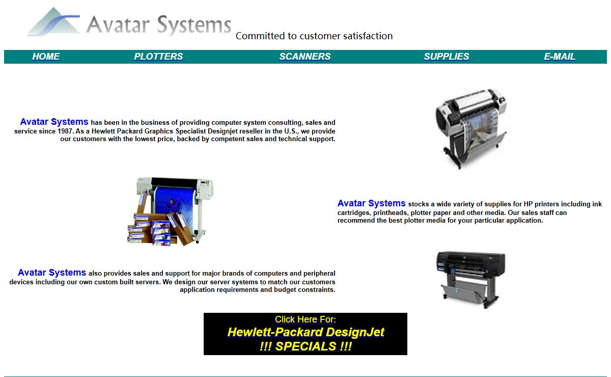 Avatar Systems - Reseller for HP Plotters, Colortrac Scanners, OCE Plotters, Computers, Software, Consulting, Networking, Supplies, HP Designjet, HP Designjet T770, HP Designjet T1200, HP Designjet T1200PS, HP Designjet T2300, HP Designjet T7100, HP Designjet Z6200, HP Designjet Z5200, HP Designjet Z3200, HP Designjet Z3200PS, HP DesignJet 1050, HP DesignJet 1055, HP DesignJet 2000CP, HP DesignJet 2500CP, HP DesignJet 3000CP, HP DesignJet 3500CP