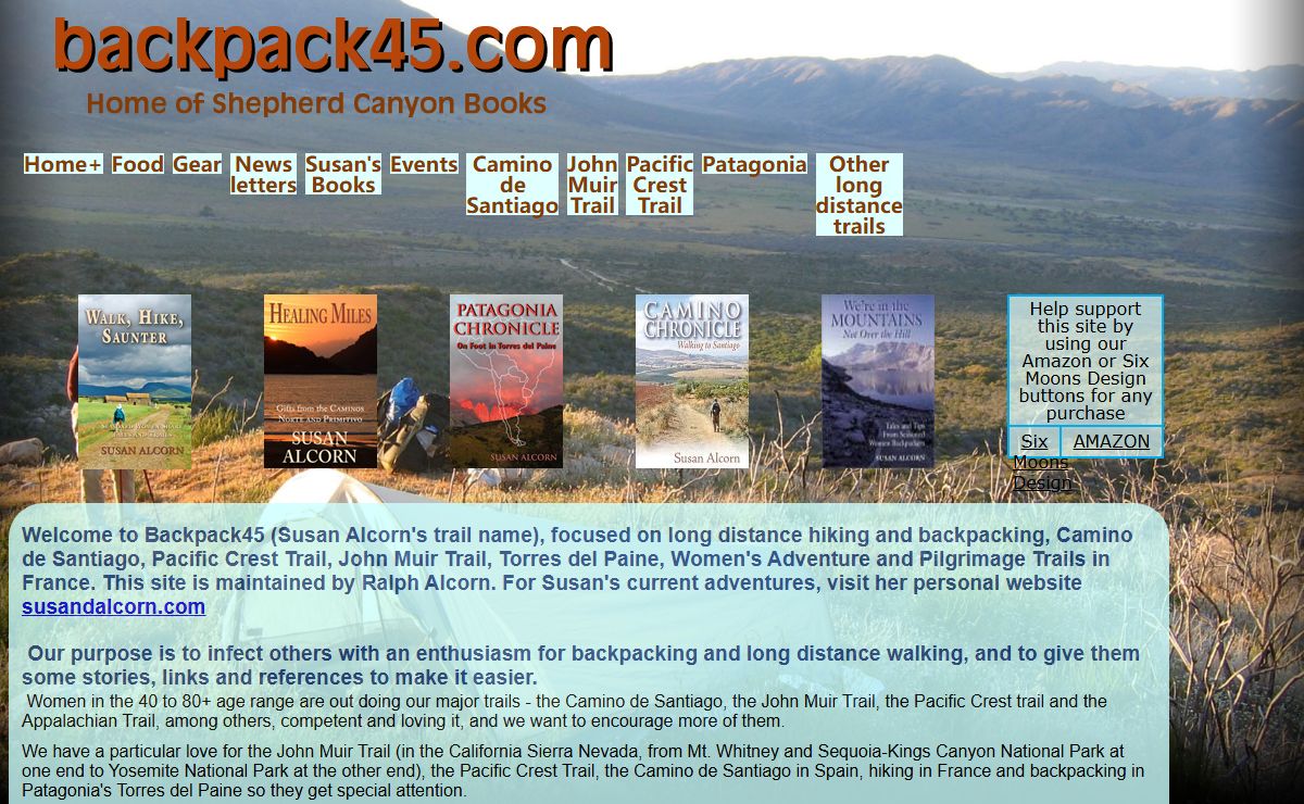 Susan Alcorn (aka backpack45): Trekking the John Muir Trail, Camino de Santiago, Pacific Crest Trail, Pilgrimage Routes in France, Torres del Paine,backpacking.  Home of Shepherd Canyon Books