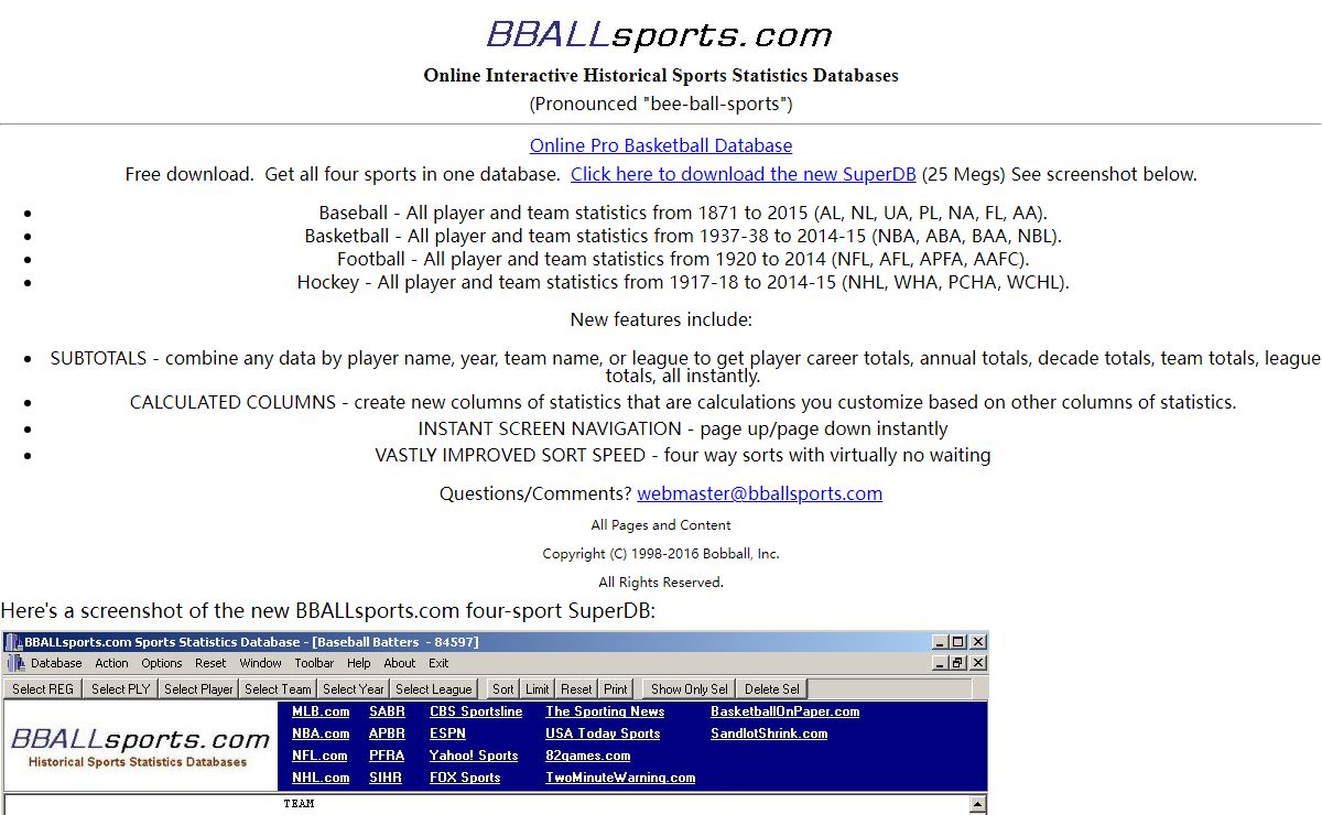 Baseball, Basketball, Hockey and Football Online Statistics Databases - Baseball History, Basketball History, Hockey History, Football History, MLB, NBA, NHL, NFL