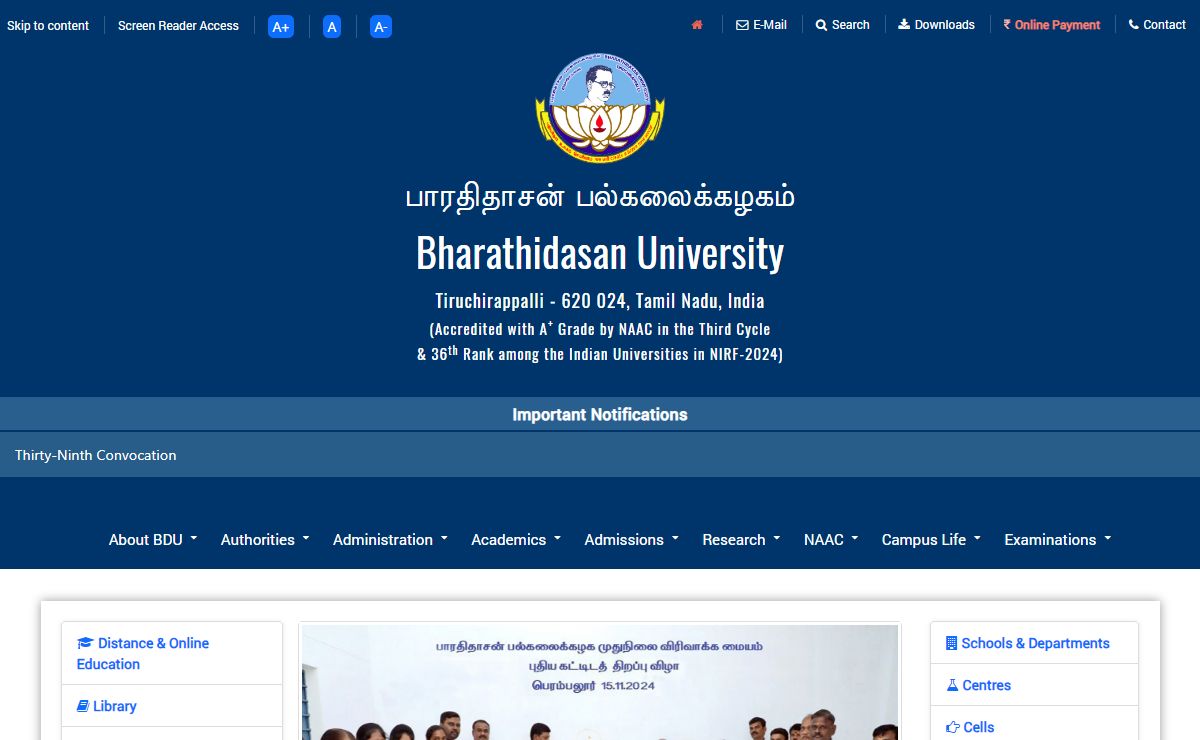 Official Website of Bharathidasan University, Tiruchirappalli, Tamil Nadu, India