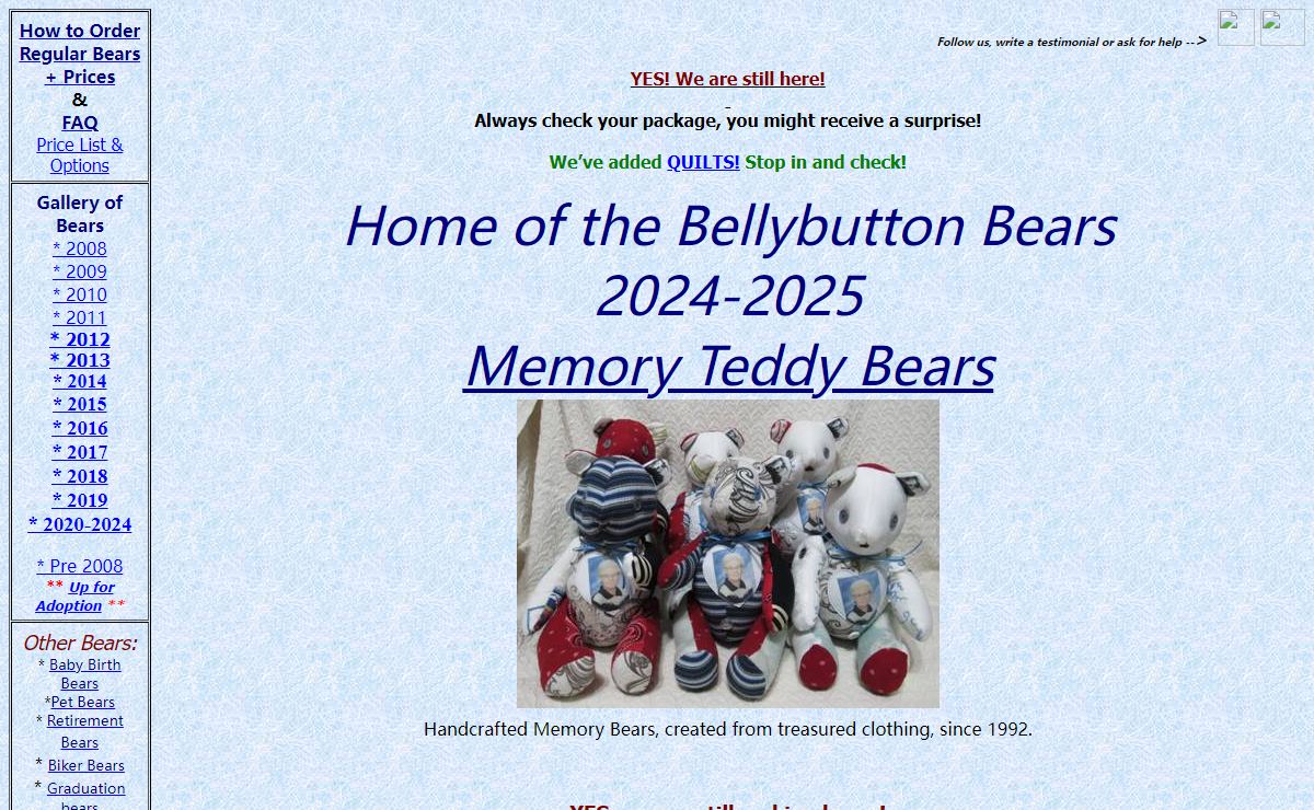 Home of the Bellybutton Bears, handcrafted teddy bears, Memory Teddy Bears, heirloom custom made from clothing