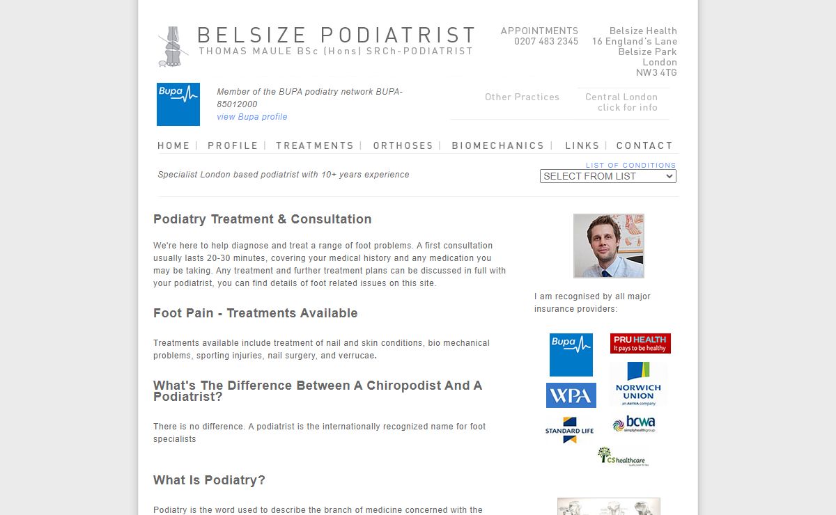 Belsize Podiatrist NW3, with central London clinic, Oxford Circus, Marylebone, Belsize Park, Thomas Maule BSc (Hons) SRCh Podiatry