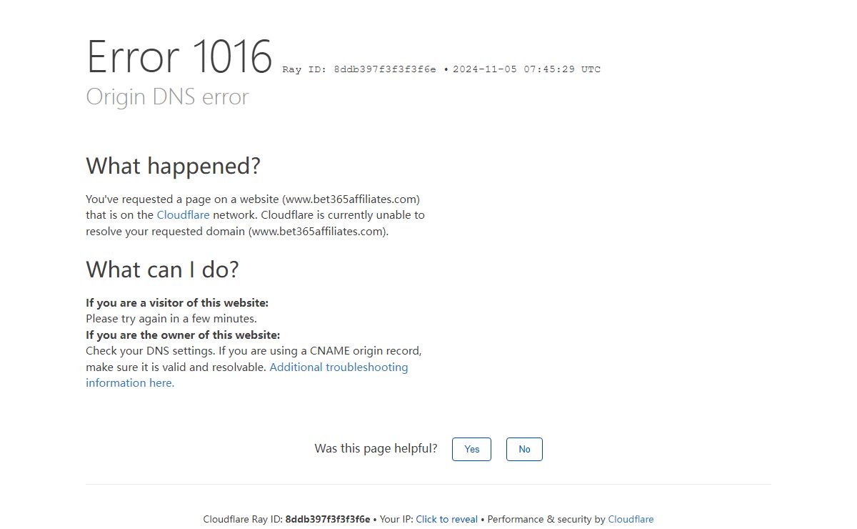 Origin DNS error | www.bet365affiliates.com | Cloudflare