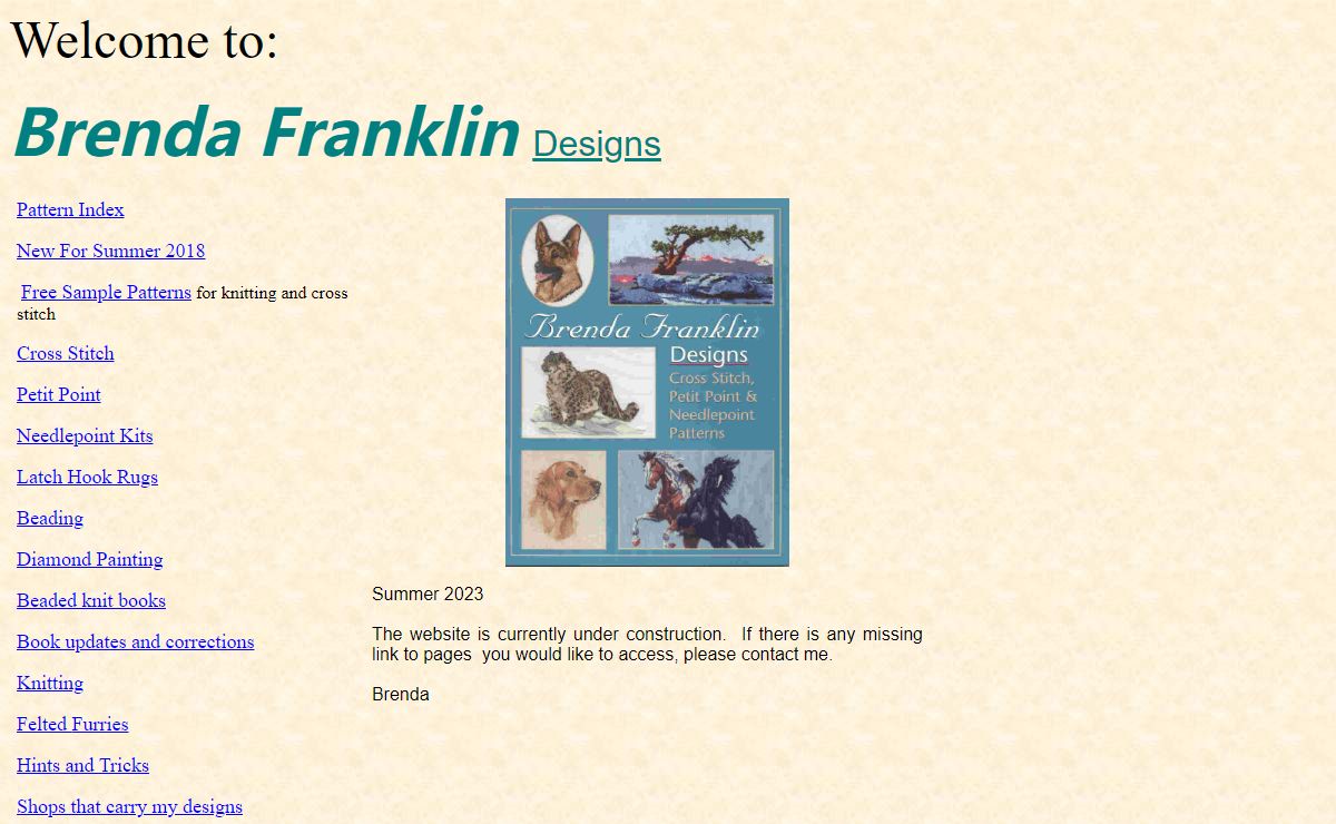 Brenda Franklin Designs, beads, knitting, beaded knits, bead knitting, dogs, cross stitch, needlepoint, petit point, horses, cats, wildlife, cars, motorcycles, diamond painting index