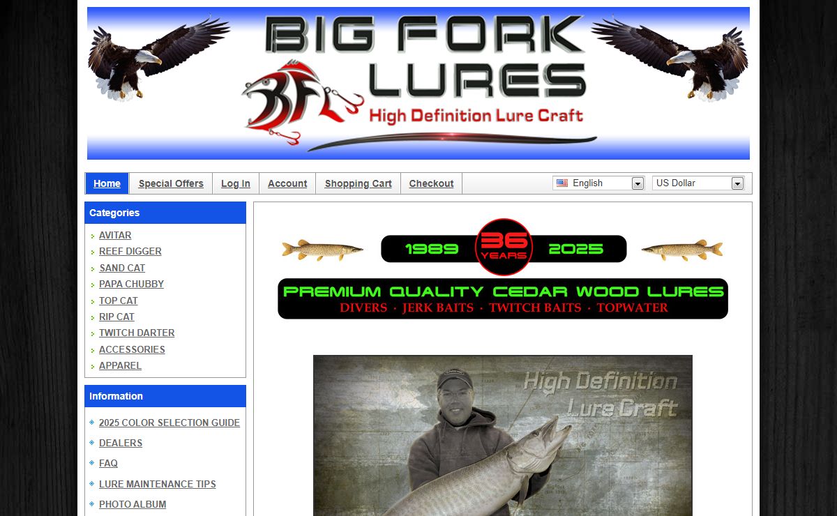 Musky Lures - Handcrafted cedar wood lures for northern pike, musky, walleye and bass. Big Fork Lures Official Site