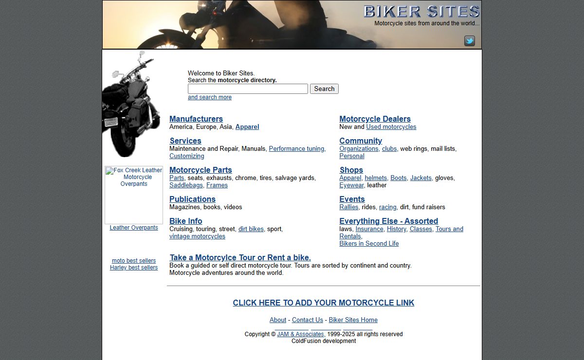BIKER SITES searchable motorcycle directory