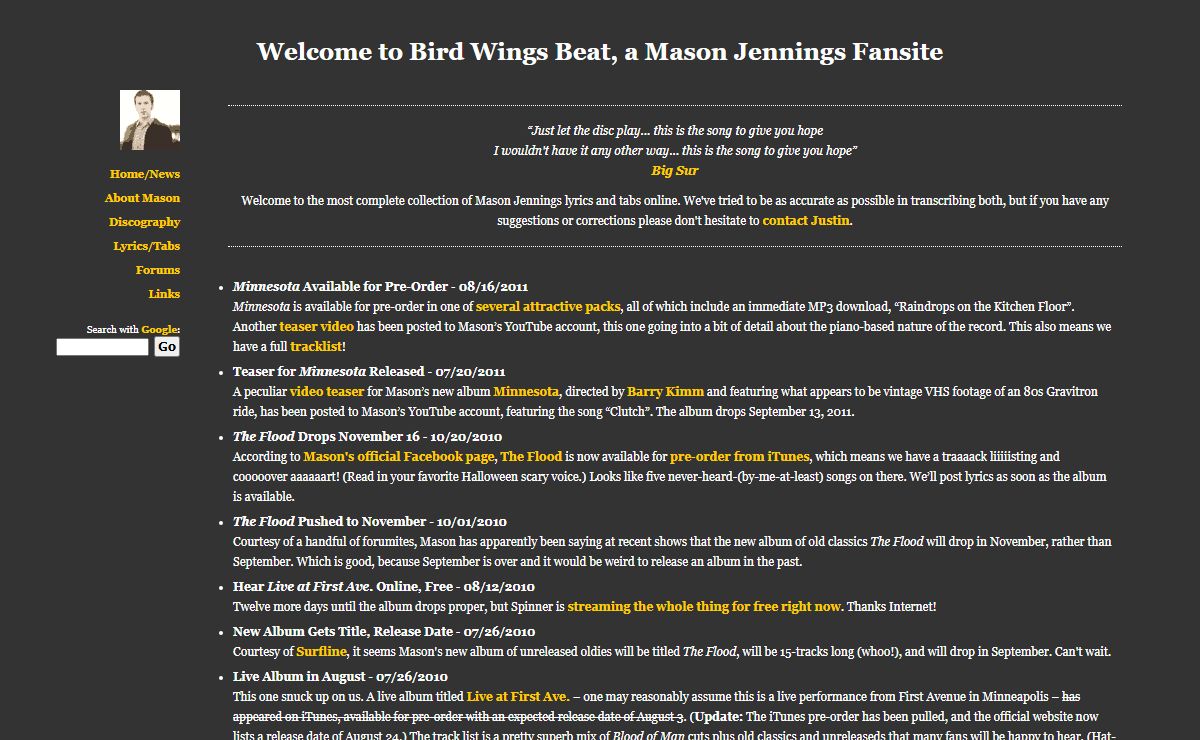 Bird Wings Beat: Welcome to Bird Wings Beat, a Mason Jennings Fansite