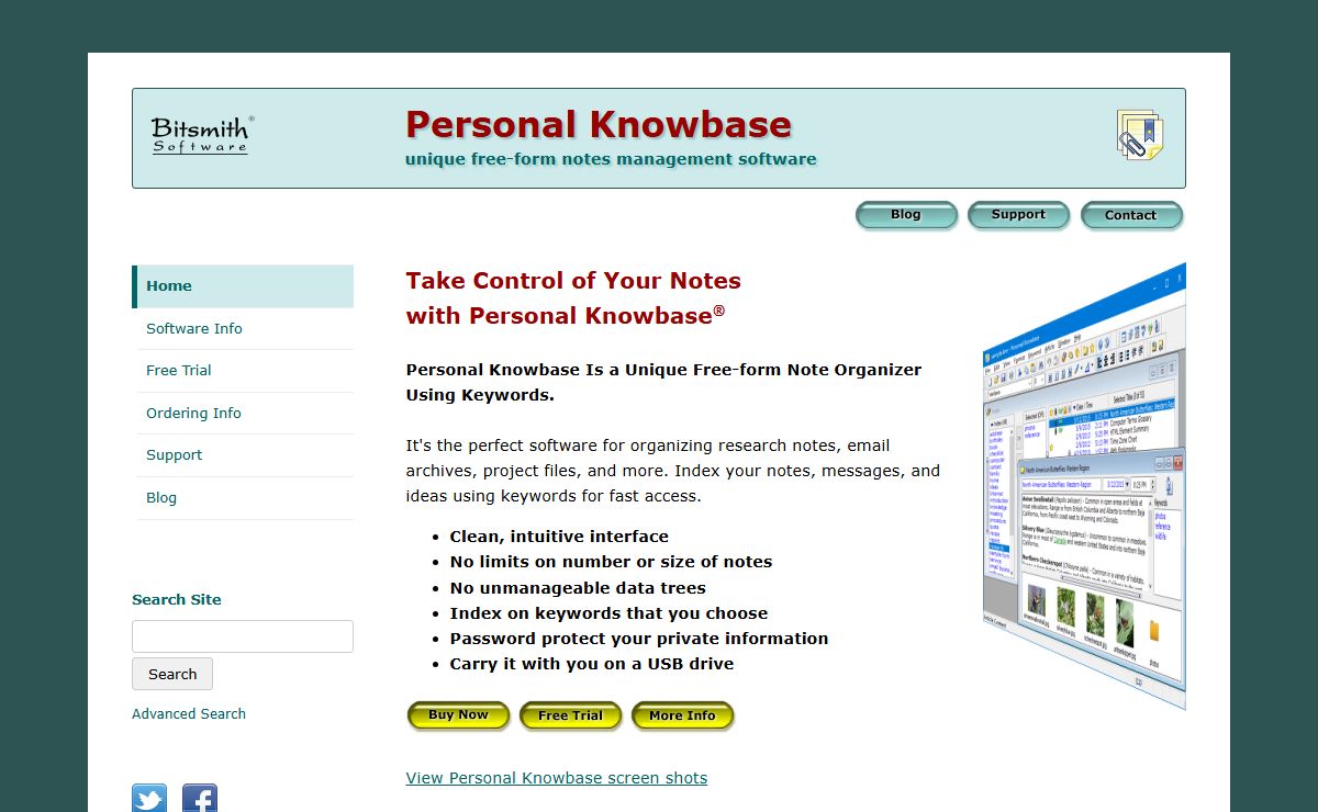 Personal Knowbase free-form information database and note organizer software by Bitsmith Software