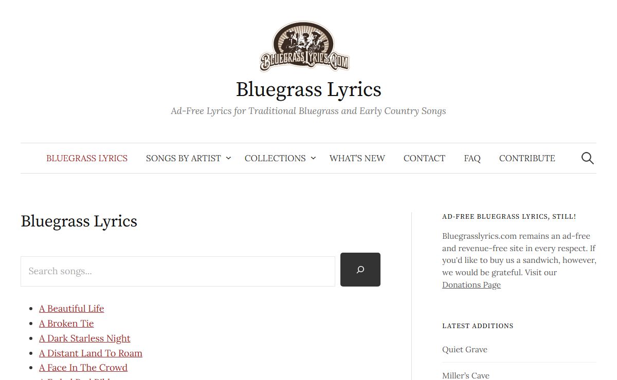 Bluegrass Lyrics – Ad-Free Lyrics for Traditional Bluegrass and Early Country Songs