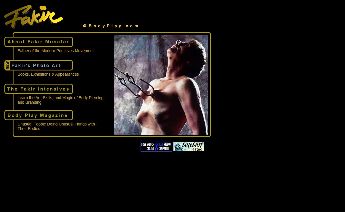 Fakir Musafar's Home Page, Bodyplay Magazine, and Piercing School