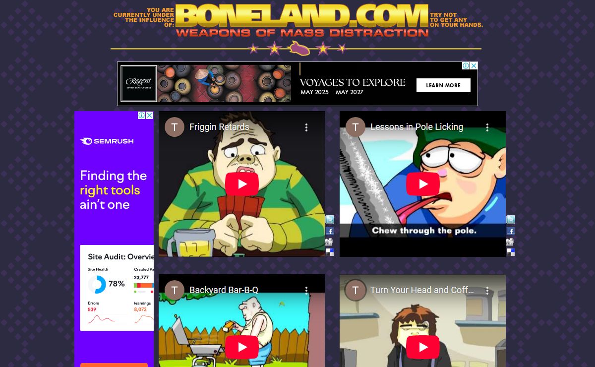 Boneland.com - Humor, stress relief and funny cartoons in flash animation with jokes, games, downloads, music and comics; media that will make teens and college students laugh, office workers relax and old people grumble...