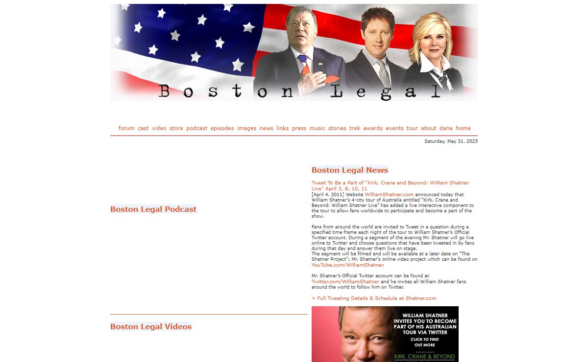 ►► Boston Legal TV Show Unofficial fan site: James Spader, John Larroquette, William Shatner, Candice Bergen, Tara Summers, Christian Clemenson, Gary Anthony Williams, Saffron Burrows, Rene Auberjonois, Mark Valley, Julie Bowen, Justin Mentell, Ryan Miche