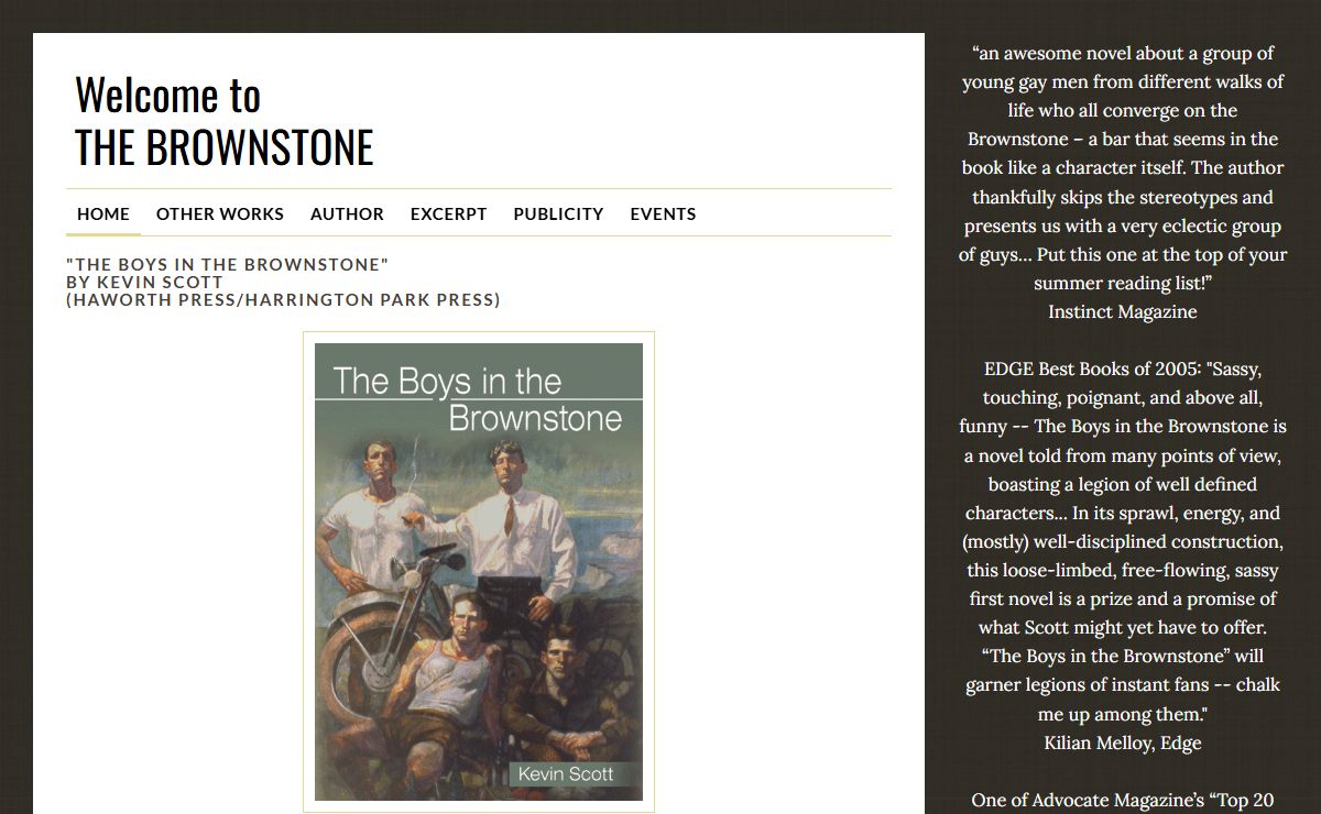 Welcome to THE BROWNSTONE - "THE BOYS IN THE BROWNSTONE" by Kevin Scott (Haworth Press/Harrington Park Press)