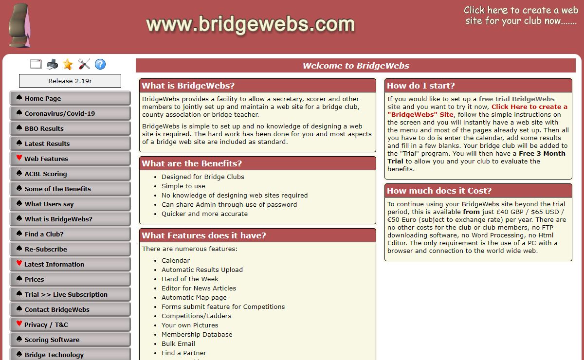 BridgeWebs, Web Sites for Bridge Clubs