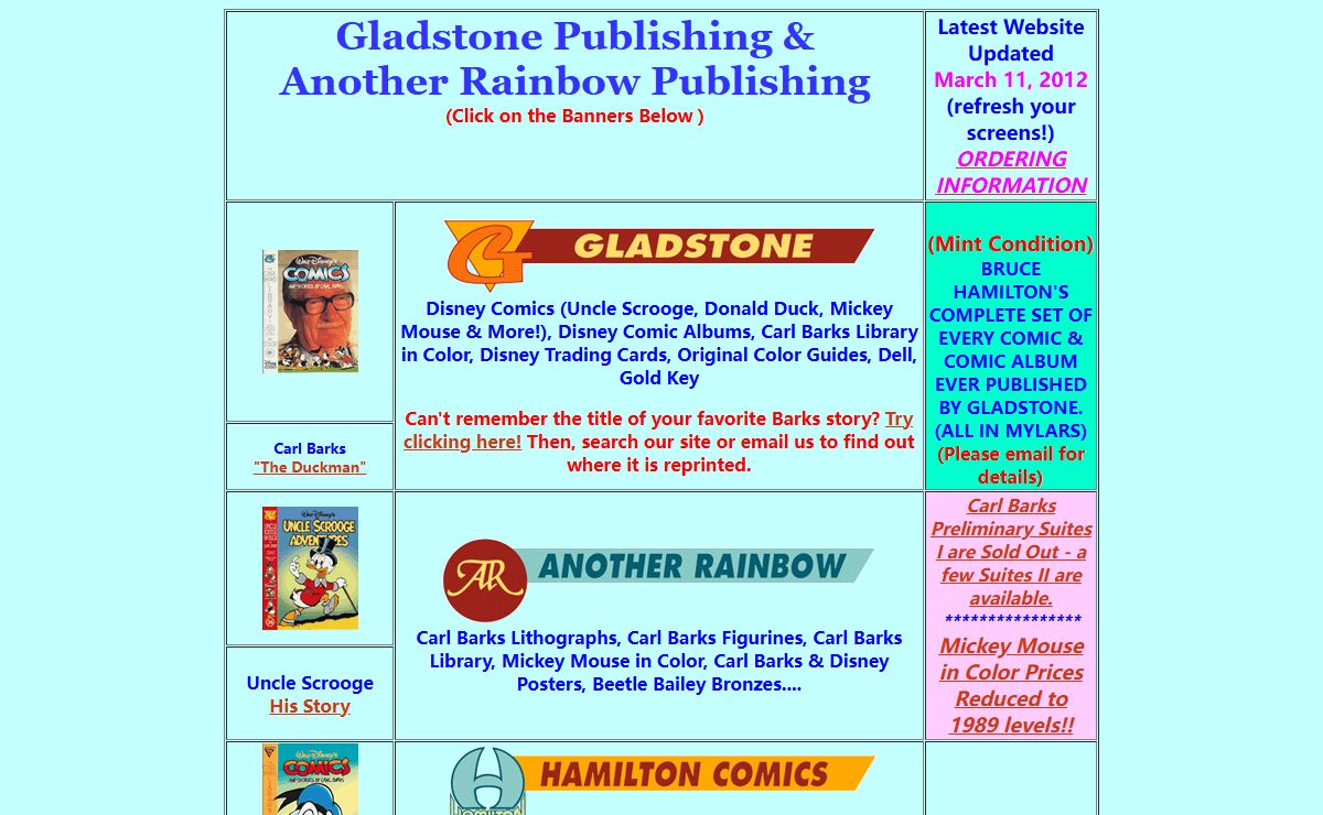 Gladstone Publishing, Another Rainbow Publishing, Carl Barks Library, Disney Comics, Gladstone Disney comic books, Carl Barks, Don Rosa, Floyd Gottfredson, Uncle Scrooge, Mickey Mouse, Donald Duck, child books, Color Guides, Disney Trading Cards, lithographs, Carl Barks Lithographs, Disney Lithographs, Another Rainbow Lithographs, Carl Barks Figurines, Carl Barks Prints, Disney Prints, Disney Figurines, Another Rainbow Figurines, Uncle Scrooge, Donald Duck, Nephews