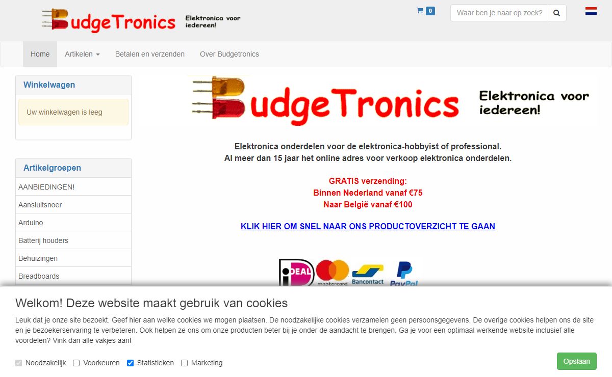 Elektronica onderdelen en electronica componenten webshop, zonnecellen, transistors, diodes, condensators, elkos, weerstanden, ic's, leds, weerstanden, bouwkits, schakelaars , Arduino en meer.