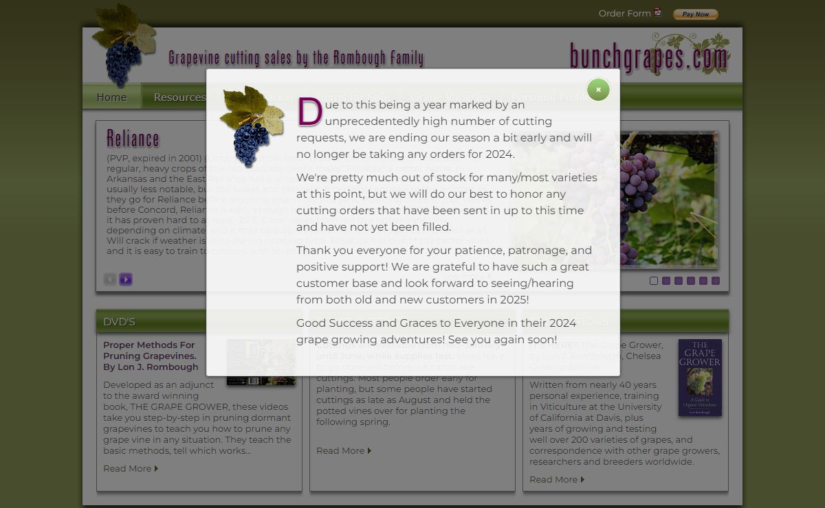 Grapevine Cutting Sales by Lon Rombough | bunchgrapes.com | Grapevine Cuttings For Sale