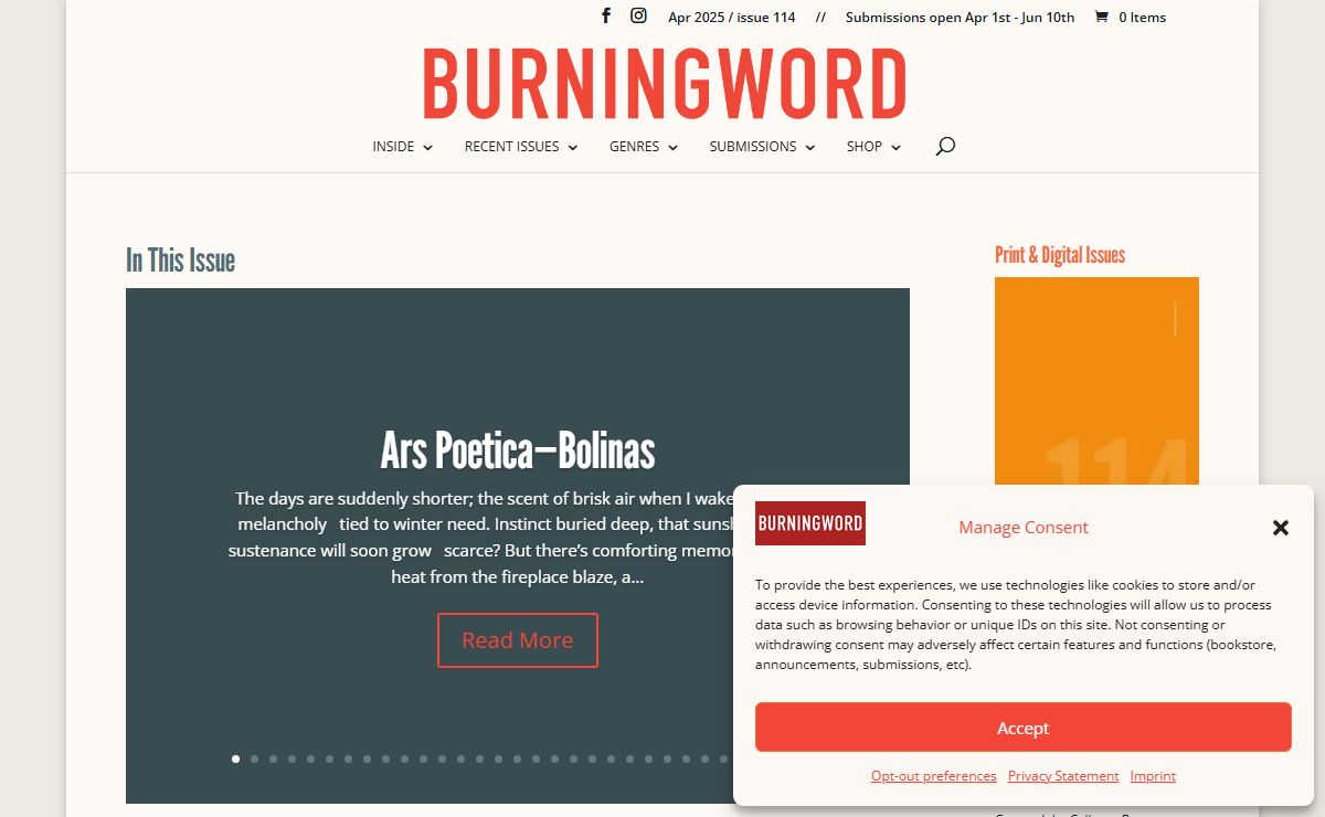 Burningword Literary Journal | A quarterly international publication showcasing exciting literary voices, featuring poetry, short fiction, short nonfiction, and visual art.