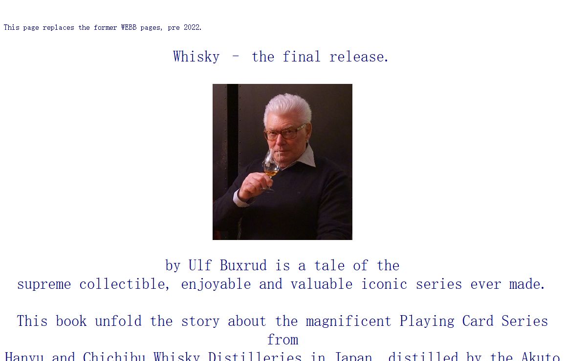 Whisky - the final release by Ulf Buxrud is a tale of the supreme collectible, enjoyable and valuable iconic series ever made.This book unfold the story about the magnificient Playing Card Series from Hanyu and Chichibu Whisky Distilleries in Japan, distilled by the Akuto family and bottled by Ichiro Akuto-san.
