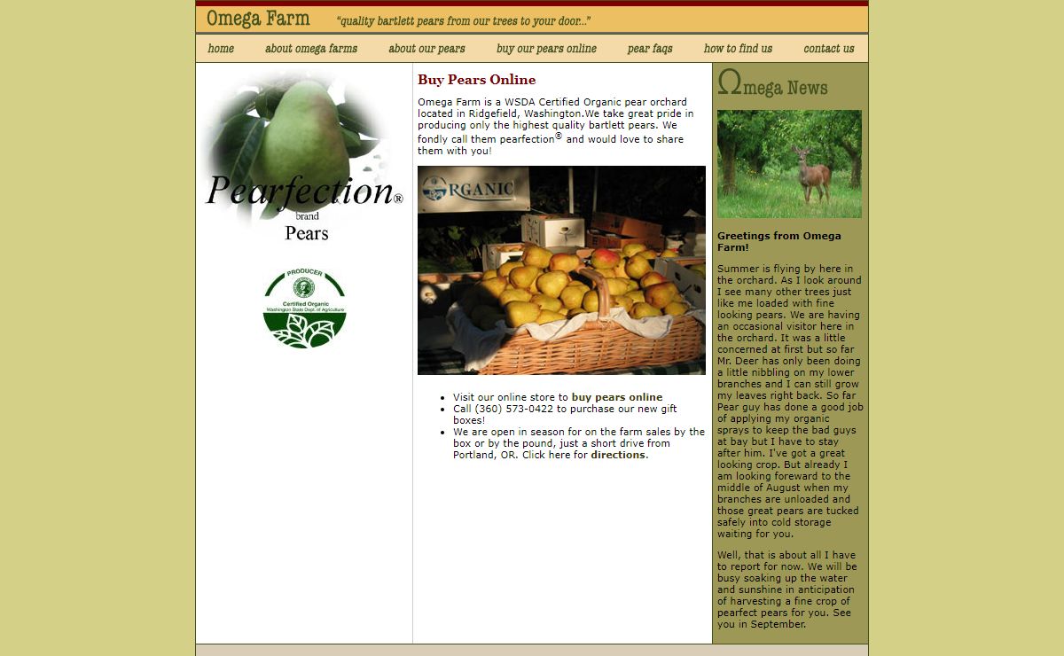 Buy pears online. Omega Farms sell Bartlett organic pears online. Buy pears online and have a Bartlett pear gift basket delivered to your door.