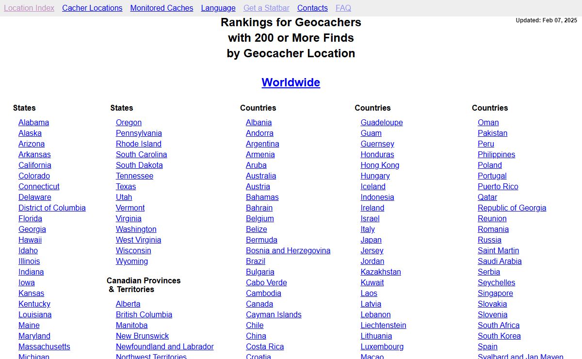 Rankings for Geocachers with 200 or More Finds by Geocacher Location