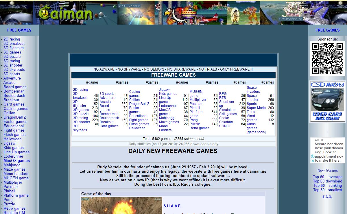 Caiman free games,free utilities,freeware games breakout,arcade,pacman,tetris,pinball,3D games,etc i - gratis spelletjes,spellekes