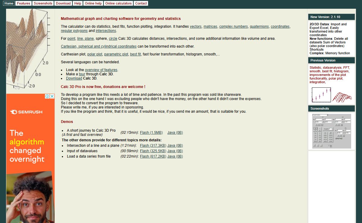 Calculator for vectors, matrices, complex number, quaternion, coordinates, intersections, plotting