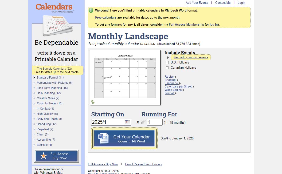 CalendarsThatWork.com - Monthly Landscape