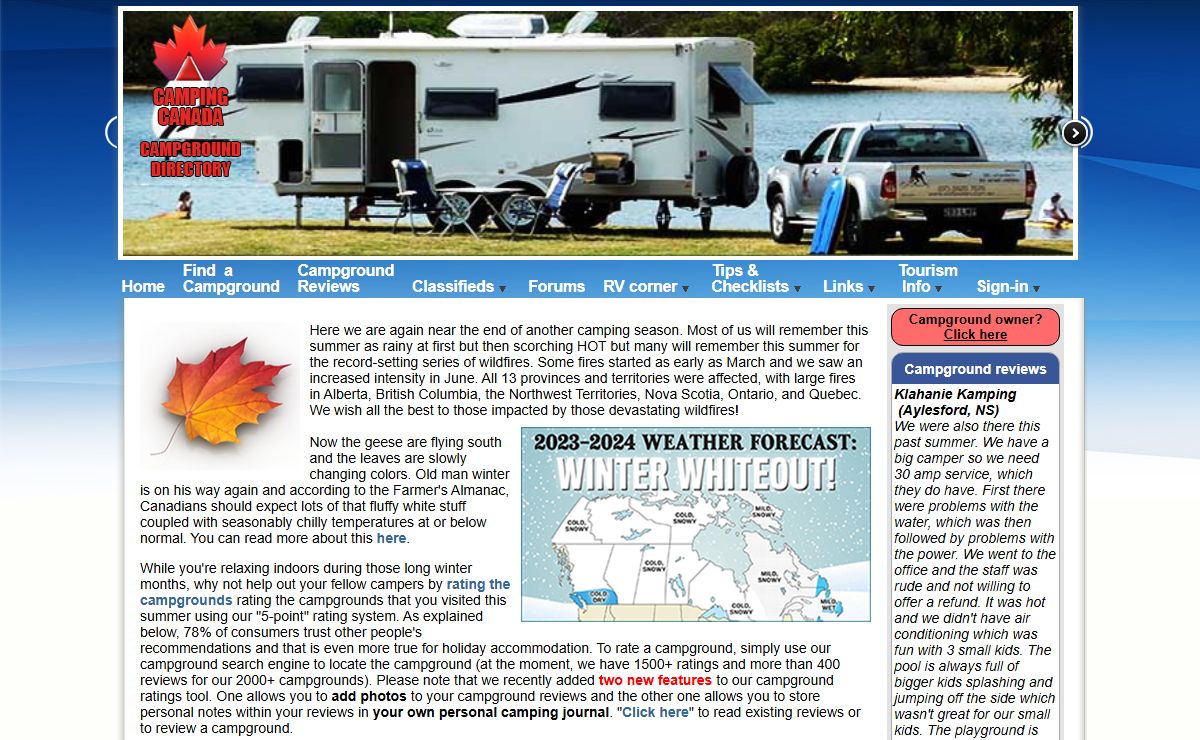 Camping Canada Campgrounds Home page