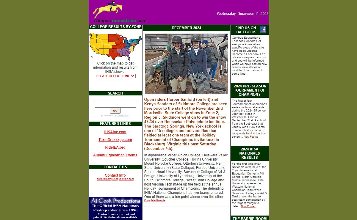 Campus Equestrian: Information, including results, stories and archives from the Intercollegiate Horse Show Association (IHSA), ANRC, USA Equestrian, USET, rated shows,riding academies, horse trainers and all things riding-related
