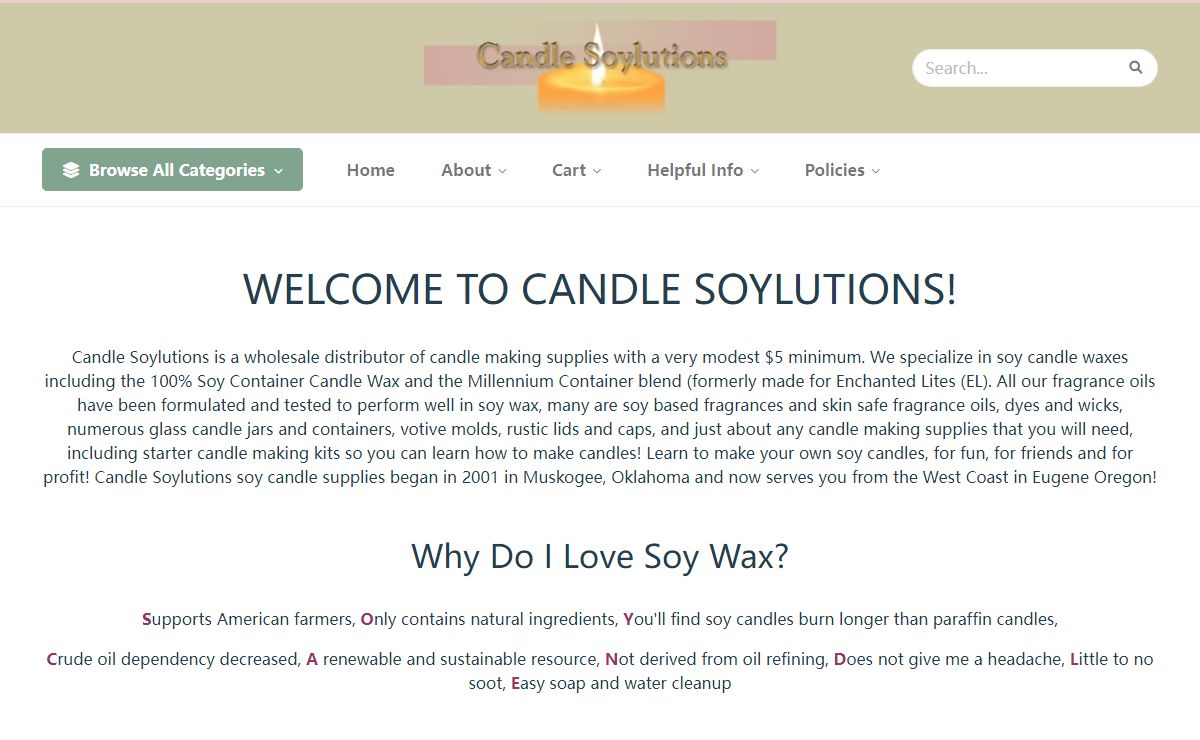 Candle Soylutions wholesale soy candle wax, supplies, fragrance oils, candle containers, soy candle kits and more, in Eugene Oregon
