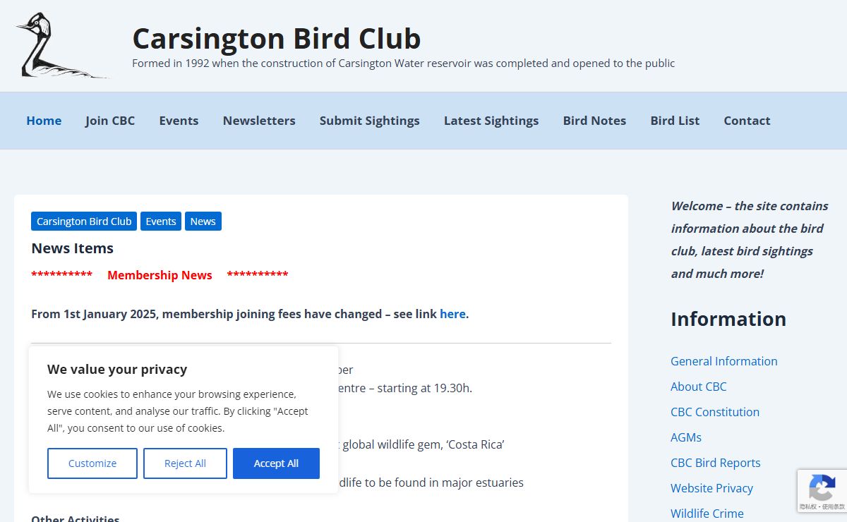 Carsington Bird Club – Formed in 1992 when the construction of Carsington Water reservoir was completed and opened to the public