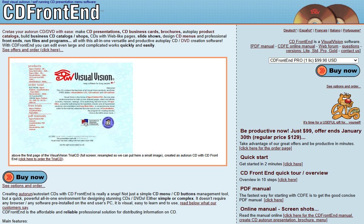 CD FRONT END - create / make autorun autoplay CD presentation CD DVD menu with this professional software. Brochure, CD DVD business card, catalogues, presentations, running PDF PowerPoint AutoCad and almost any files, making menu, slide show for CD... Really easy! FREE Lite edition