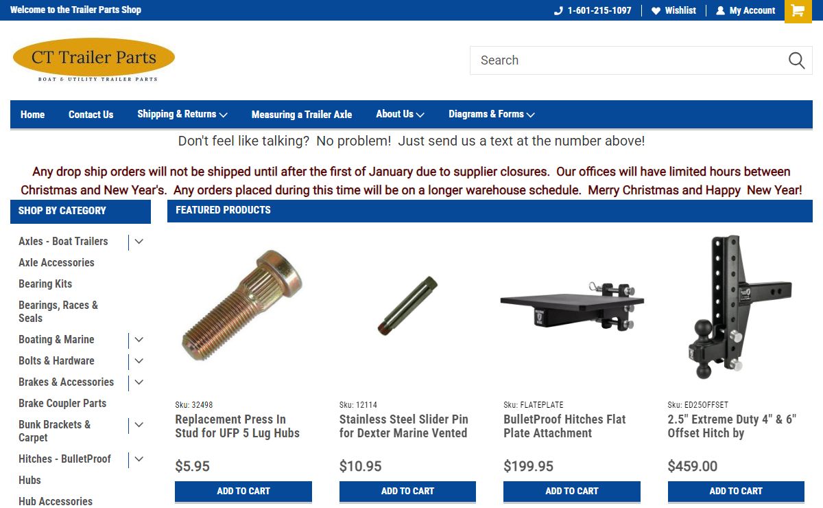 Trailer Parts Store Shop axle, springs, hubs, and other trailer parts today