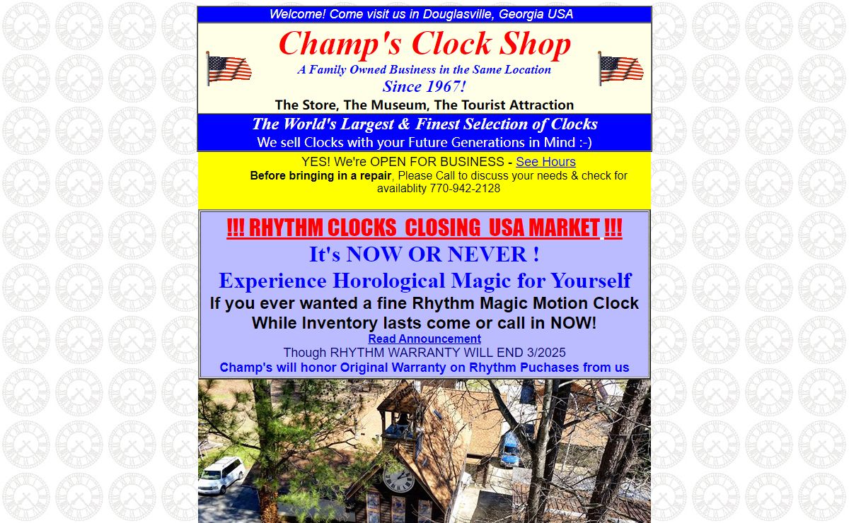 Welcome to Champs Clock Shop - Near: Atlanta, Marietta, Newnan, Carrollton, Duluth, Clocks, Annsiston, Alabama, Georgia GA