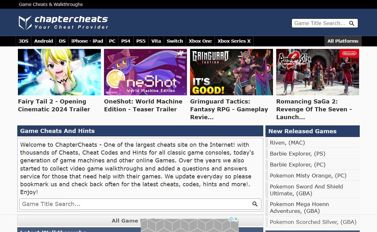 Chapter Cheats - Your Cheats, Cheat Codes, Tips, Hints and FAQs Provider