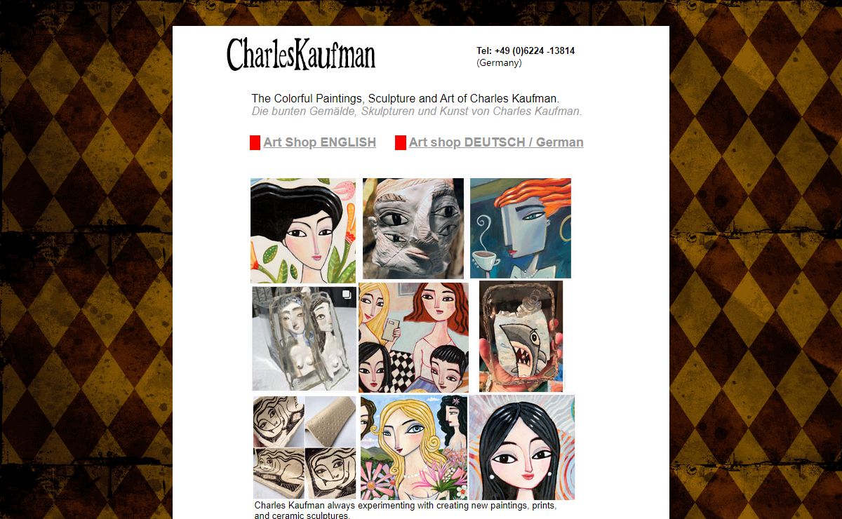 Charles Kaufman's colorful paintings, ceramics, 3D art, and online shop