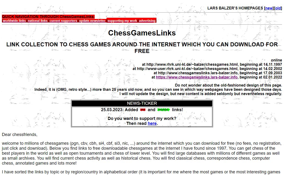 Chess Games Links maintained by Lars Balzer - Links to chessgames around the internet which you can download for free