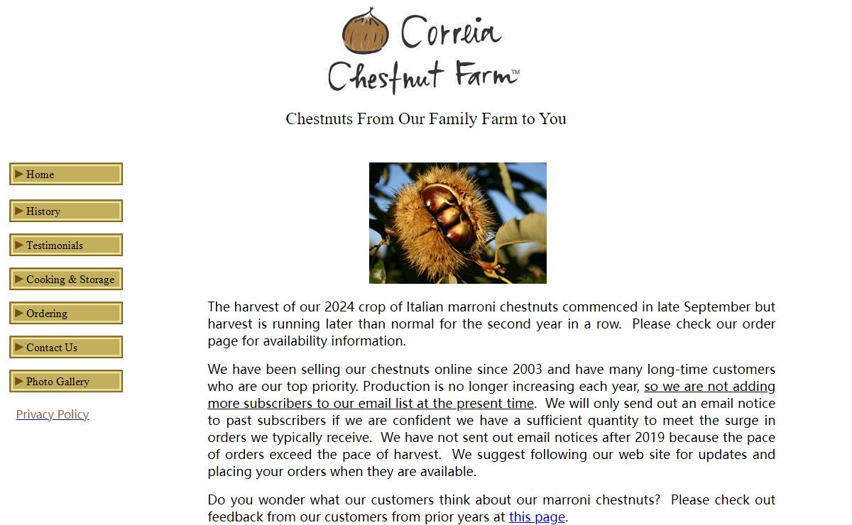 Correia Chestnut Farm - American Grown Fresh Chestnuts From Our Family Farm to You; large hand-harvested Colossal chestnuts, recipes, instructions for roasting chestnuts, chestnut roasters, chestnut knives