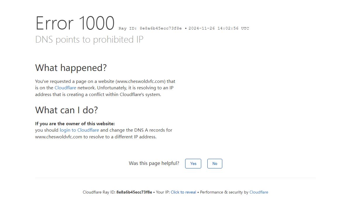 DNS points to prohibited IP | www.cheswoldvfc.com | Cloudflare