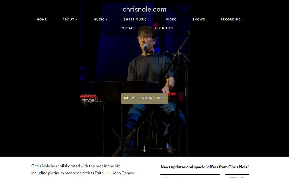 Chris Nole, pianist, music producer, songwriter, performer, biography, photos, discography, show dates, piano sheet music, and ordering information.