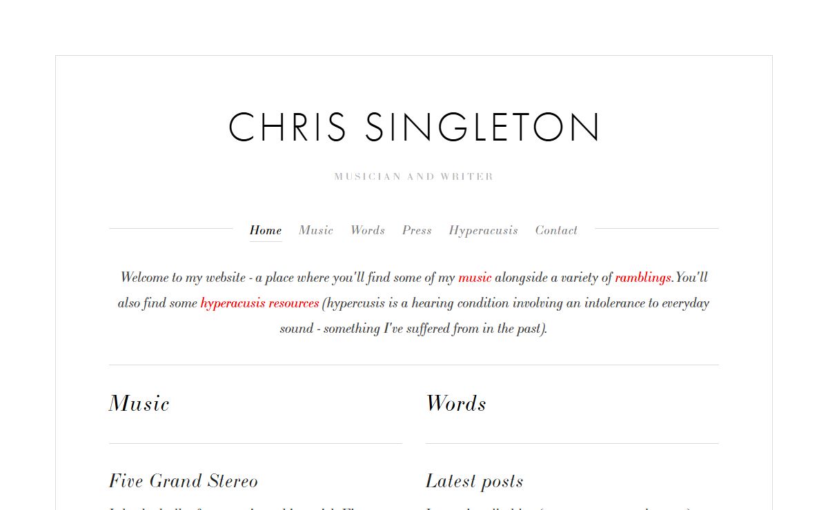Chris Singleton - Musician | Songs and blog posts, plus information on hyperacusis